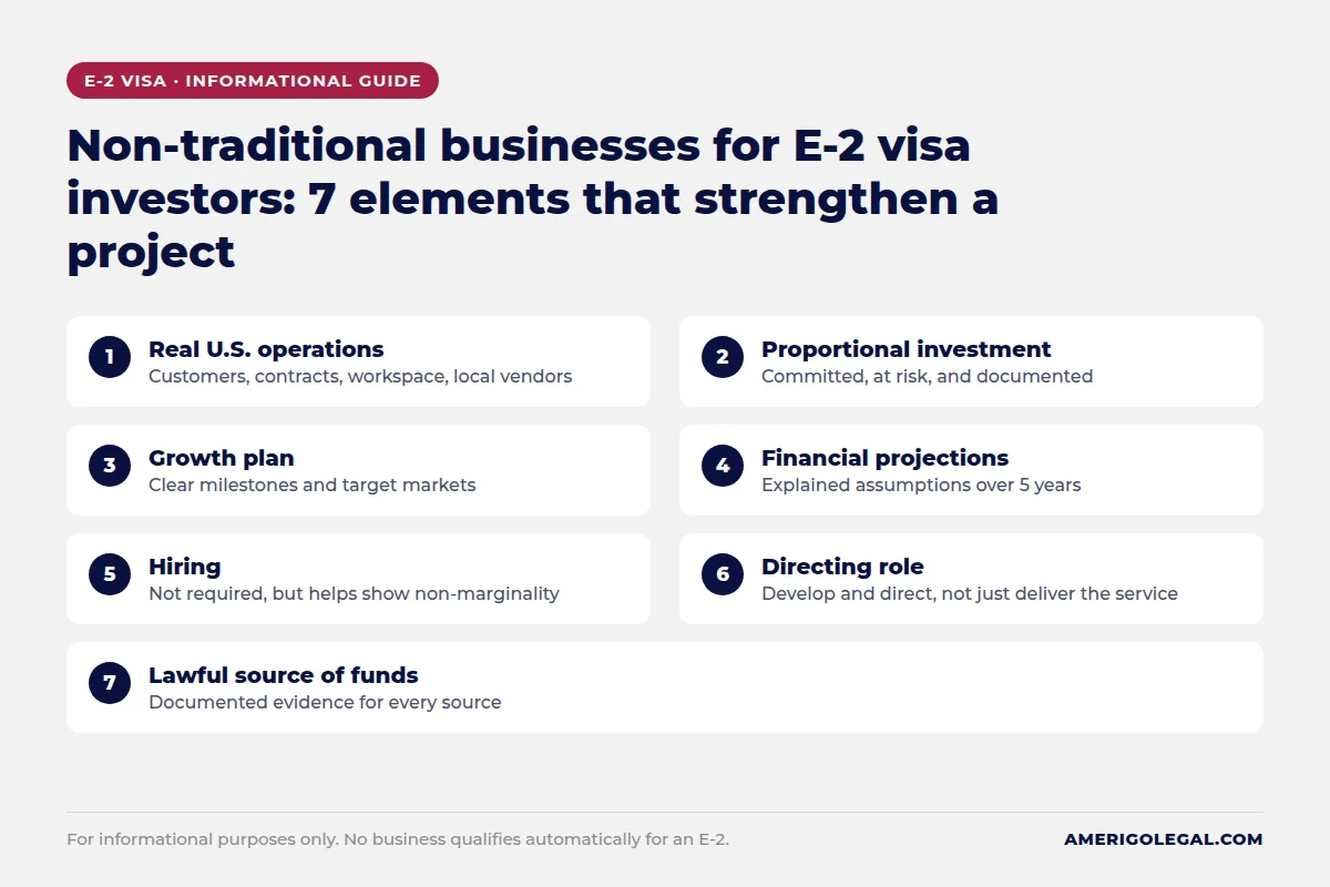 Non-Traditional Businesses for E-2 Visa: Opportunities You May Not Have Considered 1 Non-traditional businesses for E-2 visa investors: 7 elements that strengthen a project
