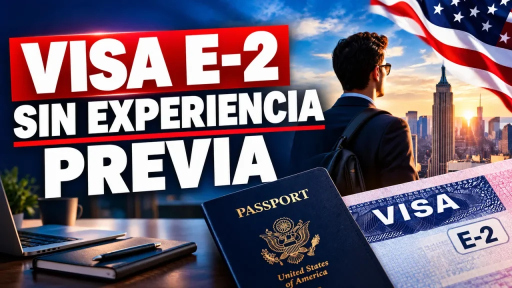 Visa E-2 sin experiencia previa en el negocio: inversionista frente a Nueva York con pasaporte y visa E-2 de Estados Unidos